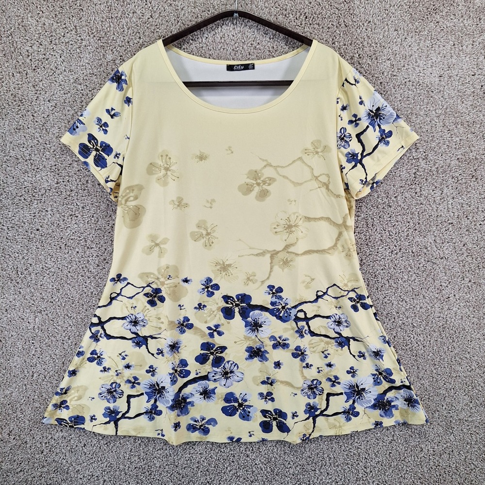 Lily by Firmiana Tunic Womens XL Yellow Floral Cherry Blossom Short Sleeve Cute